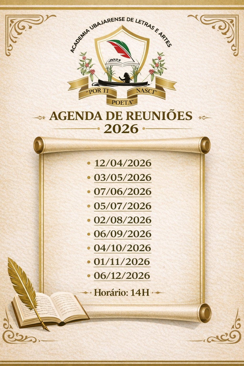 agenda de reuniões da Academia Ubajarense de Letras e Artes